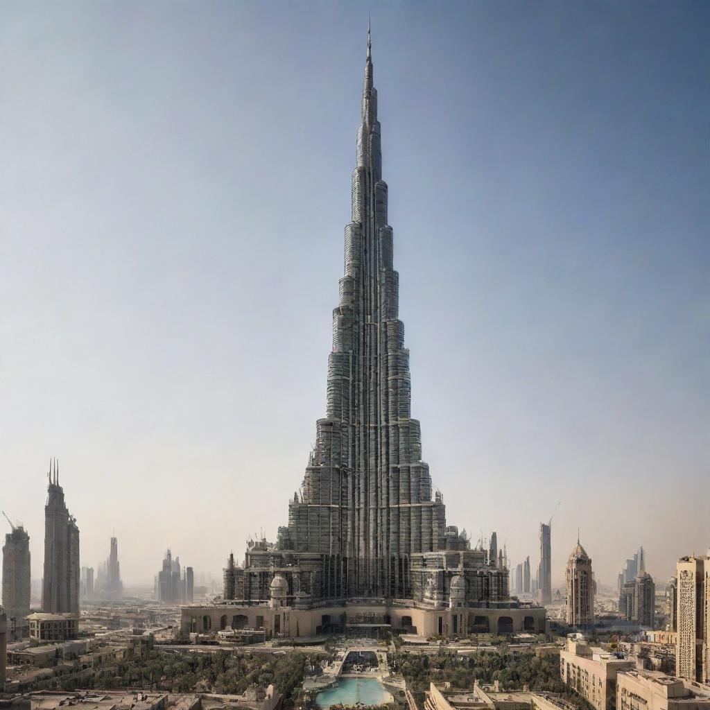 The Burj Khalifa interpreted in a dieselpunk style, featuring elements inspired by the diesel-based technology of the interwar period, combined with iron elements and large smokestacks