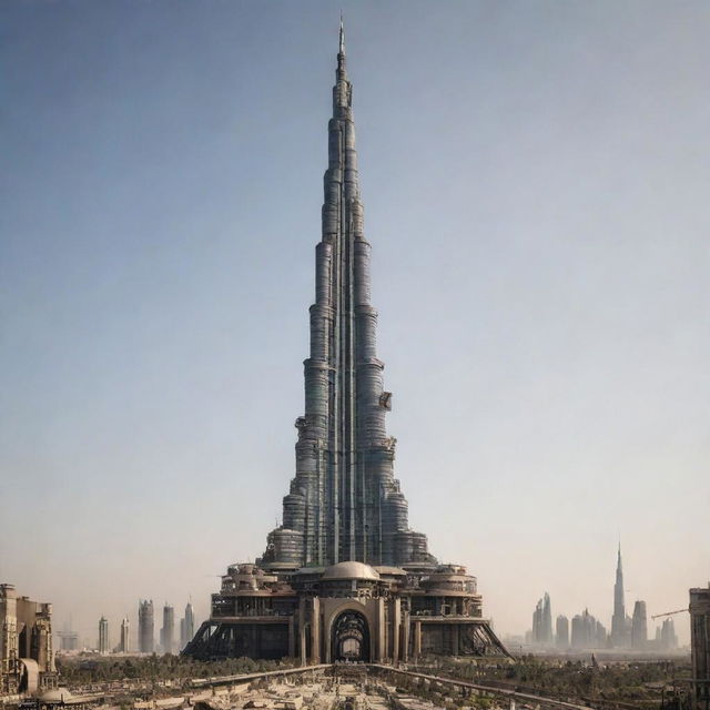 The Burj Khalifa interpreted in a dieselpunk style, featuring elements inspired by the diesel-based technology of the interwar period, combined with iron elements and large smokestacks