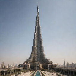 The Burj Khalifa interpreted in a dieselpunk style, featuring elements inspired by the diesel-based technology of the interwar period, combined with iron elements and large smokestacks