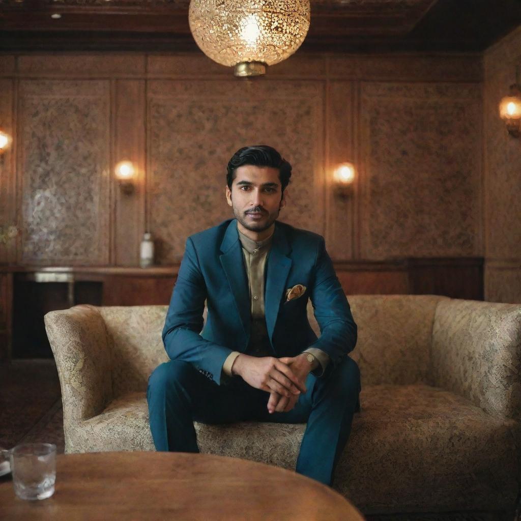 A stylish Pakistani man sitting comfortably in a well-decorated restaurant