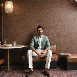 A stylish Pakistani man sitting comfortably in a well-decorated restaurant