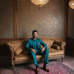 A stylish Pakistani man sitting comfortably in a well-decorated restaurant