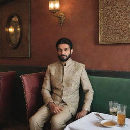 A stylish Pakistani man sitting comfortably in a well-decorated restaurant