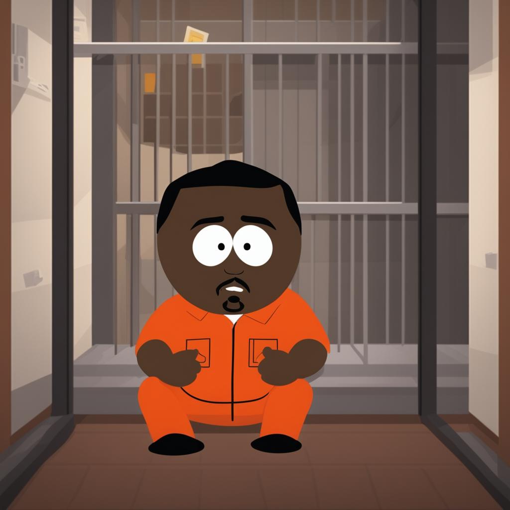 A cartoonish image of P Diddy in a jail cell, rendered in the iconic style of South Park