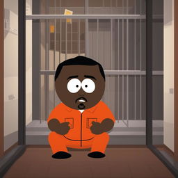 A cartoonish image of P Diddy in a jail cell, rendered in the iconic style of South Park