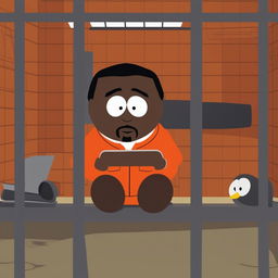 A cartoonish image of P Diddy in a jail cell, rendered in the iconic style of South Park