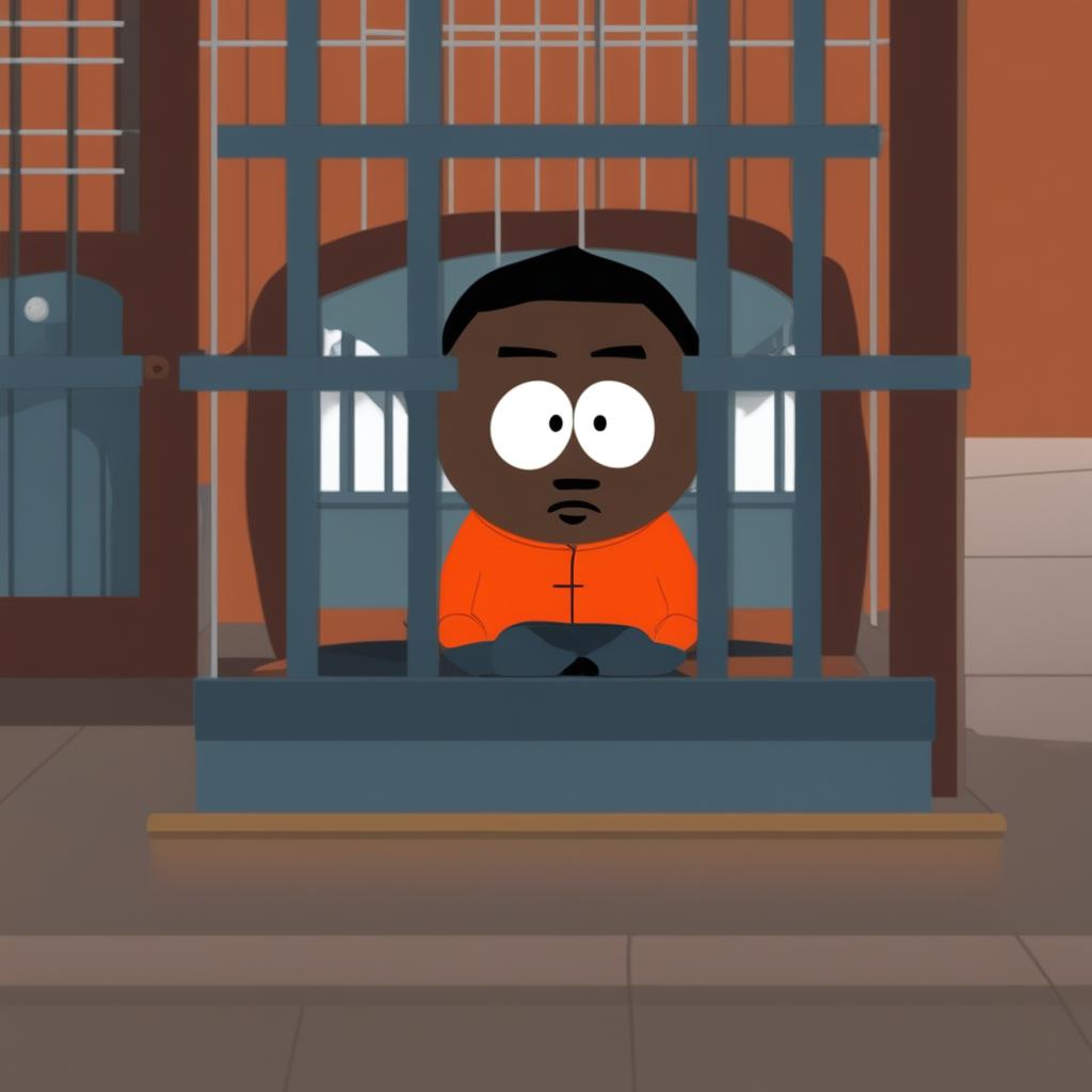 A cartoonish image of P Diddy in a jail cell, rendered in the iconic style of South Park