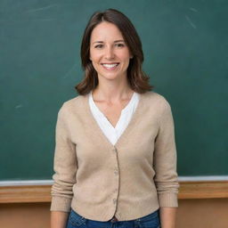 A lovable school teacher with a friendly smile, wearing casual classroom attire, standing in front of a chalkboard.