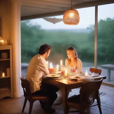 They shared a candlelit dinner at the kitchen island, creating a romantic atmosphere.