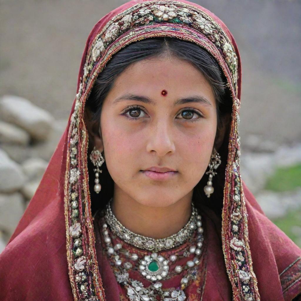 A Chitrali girl in traditional attire, her features exemplifying the distinct beauty of the Chitral region of Pakistan