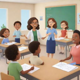 Righteous animated image showing adorably drawn teachers engaged in various teaching activities within a cheerful classroom setting.