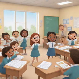 Righteous animated image showing adorably drawn teachers engaged in various teaching activities within a cheerful classroom setting.