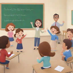 Righteous animated image showing adorably drawn teachers engaged in various teaching activities within a cheerful classroom setting.