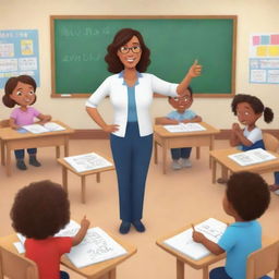 Righteous animated image showing adorably drawn teachers engaged in various teaching activities within a cheerful classroom setting.