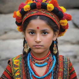 A Kalash girl, representative of the indigenous Kalash people of Pakistan, adorned in brightly colored traditional clothing and headdress, symbolizing their rich and distinctive culture