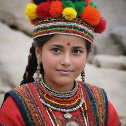 A Kalash girl, representative of the indigenous Kalash people of Pakistan, adorned in brightly colored traditional clothing and headdress, symbolizing their rich and distinctive culture