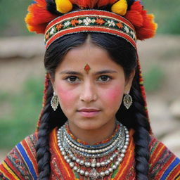 A Kalash girl, representative of the indigenous Kalash people of Pakistan, adorned in brightly colored traditional clothing and headdress, symbolizing their rich and distinctive culture