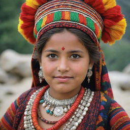 A Kalash girl, representative of the indigenous Kalash people of Pakistan, adorned in brightly colored traditional clothing and headdress, symbolizing their rich and distinctive culture