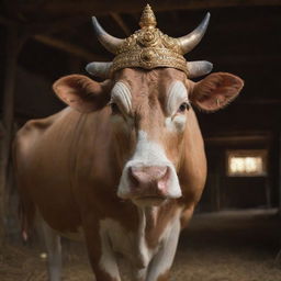 Generate a highly detailed, realistic 8K image of Kamadhenu, a glowing, beautiful cow from Hindu mythology, inside a detailed barn. The image should follow a 9:16 aspect ratio.