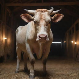 Generate a highly detailed, realistic 8K image of Kamadhenu, a glowing, beautiful cow from Hindu mythology, inside a detailed barn. The image should follow a 9:16 aspect ratio.