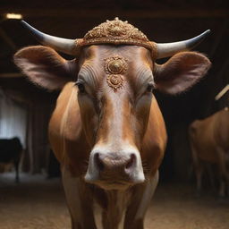 Generate a highly detailed, realistic 8K image of Kamadhenu, a glowing, beautiful cow from Hindu mythology, inside a detailed barn. The image should follow a 9:16 aspect ratio.