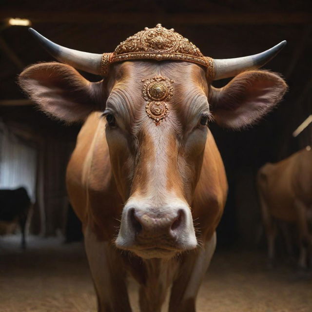 Generate a highly detailed, realistic 8K image of Kamadhenu, a glowing, beautiful cow from Hindu mythology, inside a detailed barn. The image should follow a 9:16 aspect ratio.