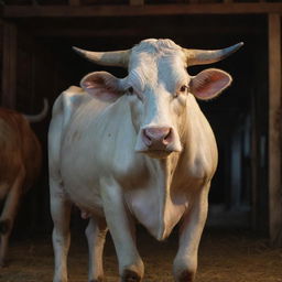 Generate a highly detailed, realistic 8K image of Kamadhenu, a glowing, beautiful cow from Hindu mythology, inside a detailed barn. The image should follow a 9:16 aspect ratio.