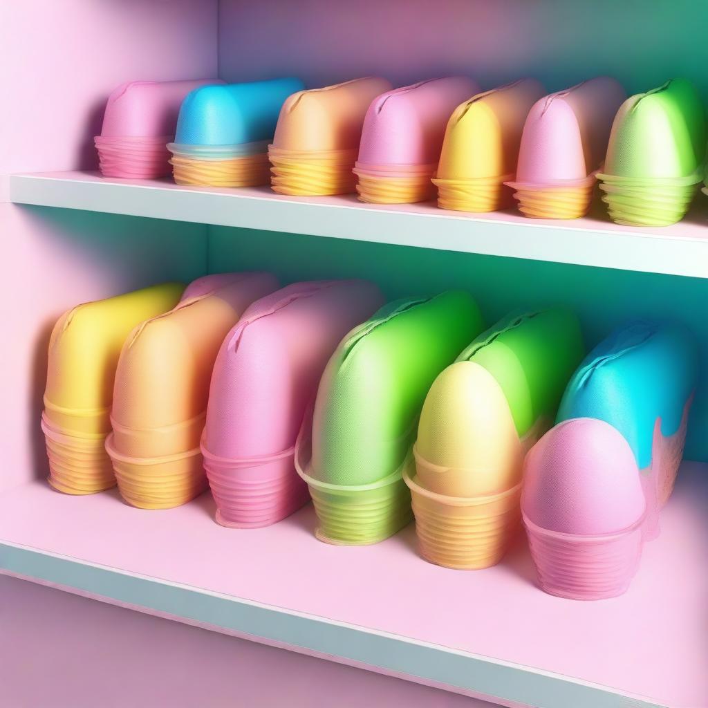 A high-quality, realistic image showcasing an open fridge filled with boxes of ice cream in vibrant colors of pink, yellow, blue, and green