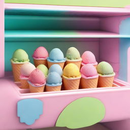 A high-quality, realistic image showcasing an open fridge filled with boxes of ice cream in vibrant colors of pink, yellow, blue, and green