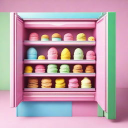 A high-quality, realistic image showcasing an open fridge filled with boxes of ice cream in vibrant colors of pink, yellow, blue, and green