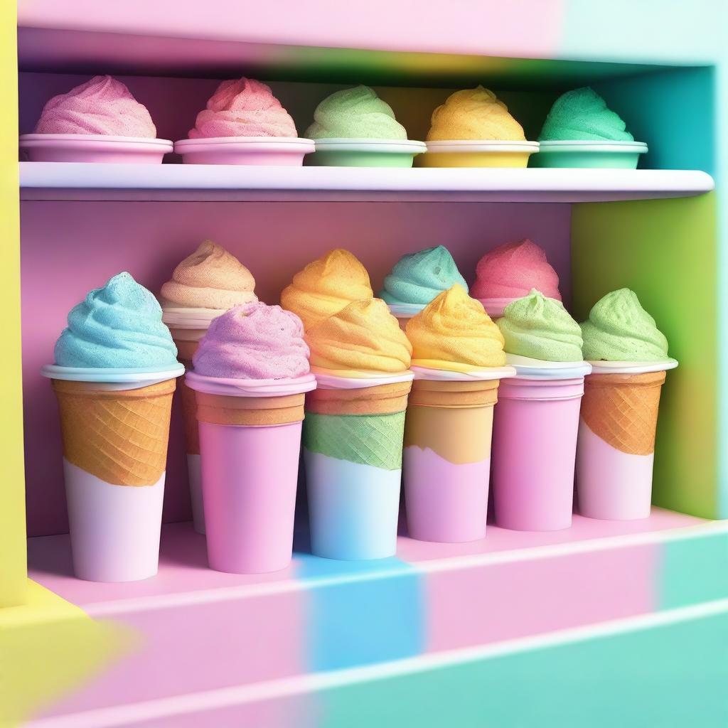 A high-quality, realistic image showcasing an open fridge filled with boxes of ice cream in vibrant colors of pink, yellow, blue, and green