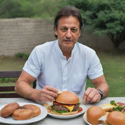 Imran Khan, the Prime Minister of Pakistan, in casual attire, sitting at a table and enjoying a deliciously loaded burger, demonstrating a more laid-back side outside of his political duties