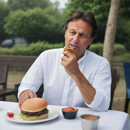 Imran Khan, the Prime Minister of Pakistan, in casual attire, sitting at a table and enjoying a deliciously loaded burger, demonstrating a more laid-back side outside of his political duties