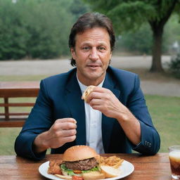 Imran Khan, the Prime Minister of Pakistan, in casual attire, sitting at a table and enjoying a deliciously loaded burger, demonstrating a more laid-back side outside of his political duties