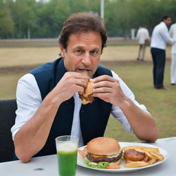 Imran Khan, the Prime Minister of Pakistan, in casual attire, sitting at a table and enjoying a deliciously loaded burger, demonstrating a more laid-back side outside of his political duties