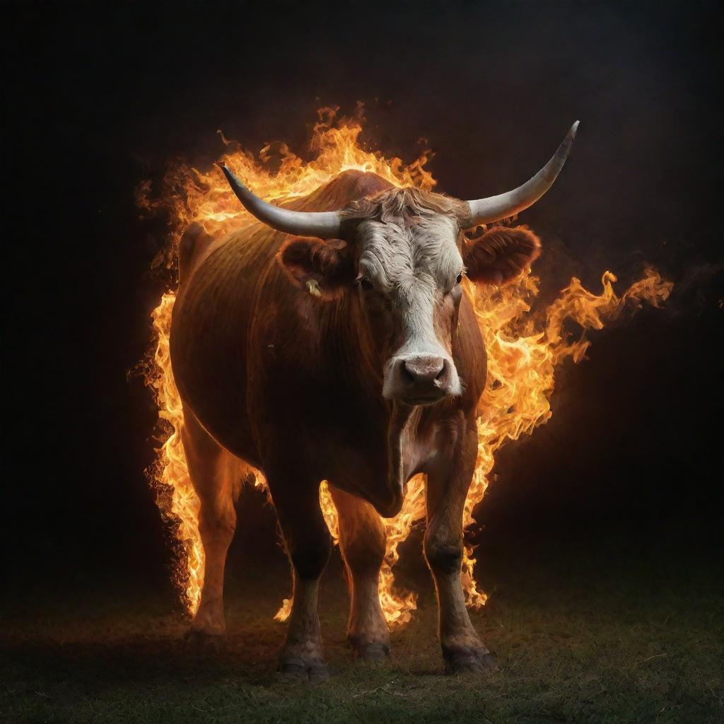 A majestic cow, its body composed entirely of flickering and dancing flames.