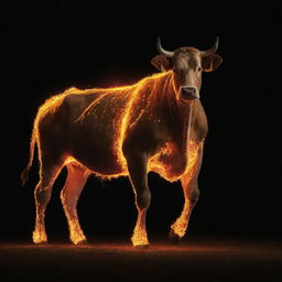 A majestic cow, its body composed entirely of flickering and dancing flames.