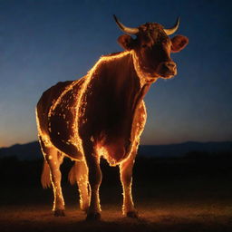 A majestic cow, its body composed entirely of flickering and dancing flames.