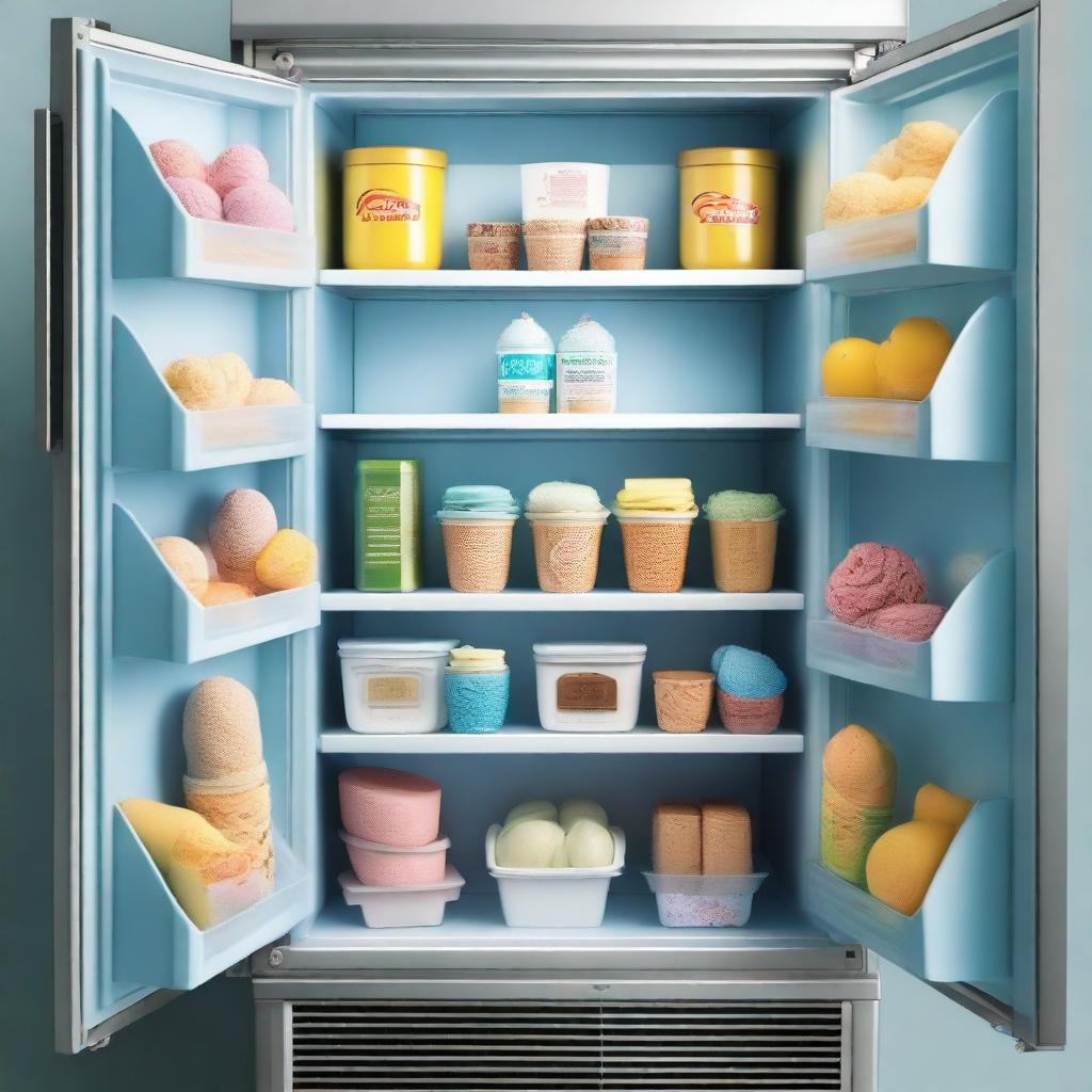 A high-resolution realistic image displays a gray metallic refrigerator, the door wide open to reveal an array of ice cream boxes