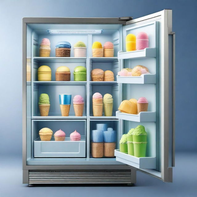 A high-resolution realistic image displays a gray metallic refrigerator, the door wide open to reveal an array of ice cream boxes