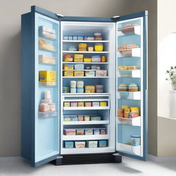 A high-resolution realistic image displays a gray metallic refrigerator, the door wide open to reveal an array of ice cream boxes