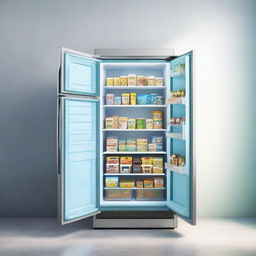 A high-resolution realistic image displays a gray metallic refrigerator, the door wide open to reveal an array of ice cream boxes