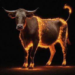 A majestic cow, its body composed entirely of flickering and dancing flames.