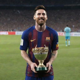 Lionel Messi jubilantly holding a championship trophy on a football field with a crowd cheering in the background