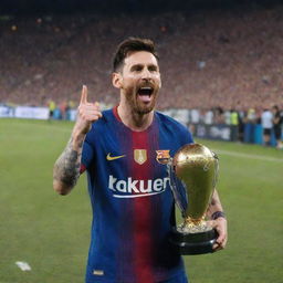 Lionel Messi jubilantly holding a championship trophy on a football field with a crowd cheering in the background