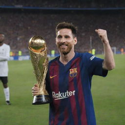 Lionel Messi jubilantly holding a championship trophy on a football field with a crowd cheering in the background