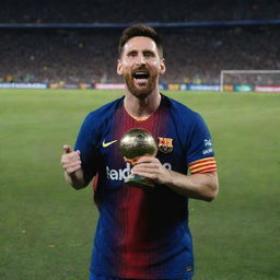 Lionel Messi jubilantly holding a championship trophy on a football field with a crowd cheering in the background