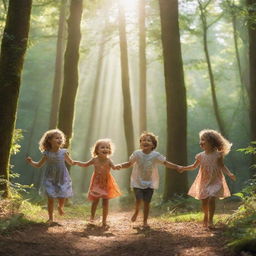 Five joyful children playing together in a lush, vibrant forest, animated by dancing shafts of sunlight filtering through the canopy.