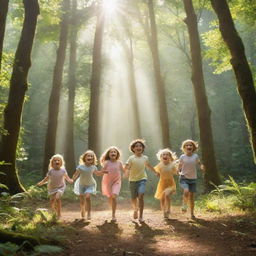 Five joyful children playing together in a lush, vibrant forest, animated by dancing shafts of sunlight filtering through the canopy.