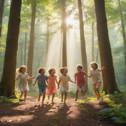 Five joyful children playing together in a lush, vibrant forest, animated by dancing shafts of sunlight filtering through the canopy.